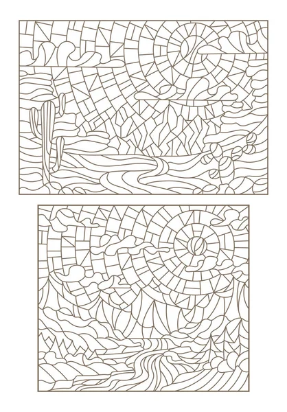 Conjunto de contornos de ilustraciones en estilo de vitral con paisajes, el desierto con cactus y el río con montañas — Archivo Imágenes Vectoriales