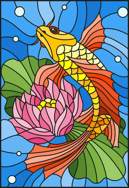 Ілюстрація в стилі вітражного вікна з золотою рибою і квіткою лотоса проти води і флаконів повітря — стоковий вектор