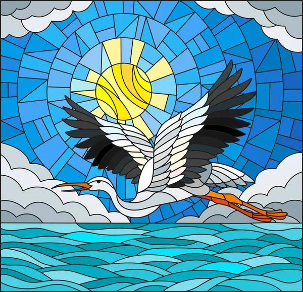 Çizimde vitray stil leylek arka planda gökyüzü, güneş, bulutlar ve su