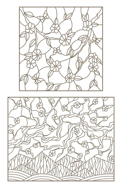 Conjunto de ilustraciones planimétricas de vidrieras con ramas florecientes de árboles — Vector de stock