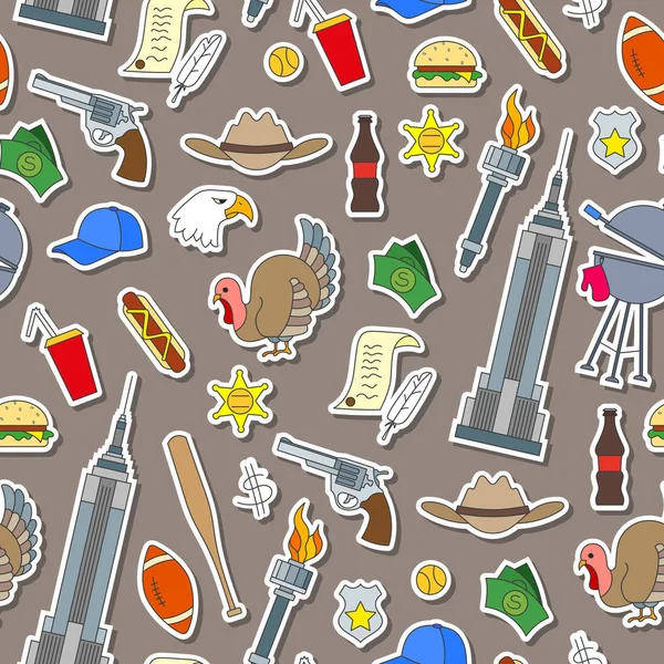 Seamless pattern on the theme of journey in the country of America, simple sticker icons on brown background