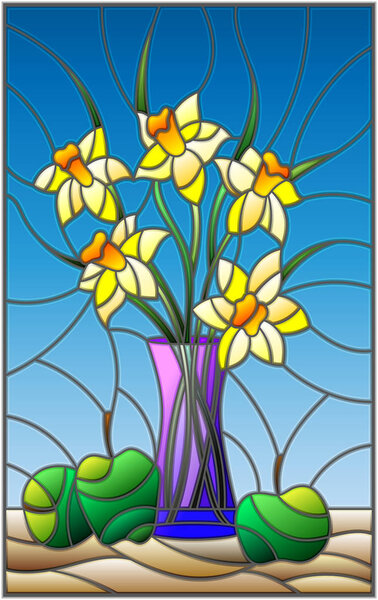 Illustration in stained glass style with bouquets of Narcissus flowers in a blue vase and apples on table on blue background