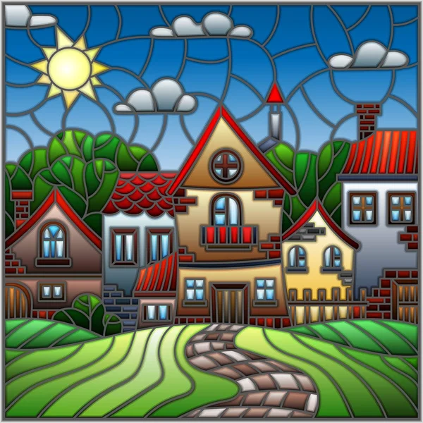 Иллюстрация в витражном стиле, городской пейзаж, крыши и деревья против дневного неба и солнца — стоковый вектор