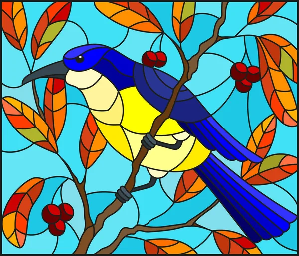 Illustration dans le style de vitrail avec un bel oiseau de teinte sur un fond de branche d'automne d'arbre et de ciel — Image vectorielle