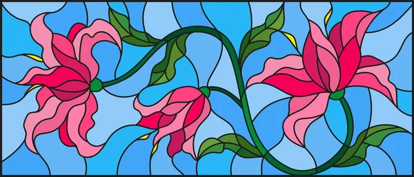 Llustration en vitrail avec des fleurs, des feuilles et des bourgeons de lis roses sur fond bleu — Image vectorielle