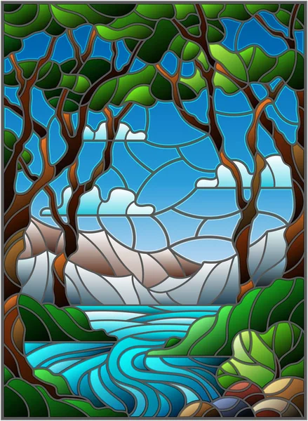 석양 하늘, 산, 나무 및들의 배경에 바위투성이의 크리크 강이 있는 스테인드글라스 양식의 예 — 스톡 벡터