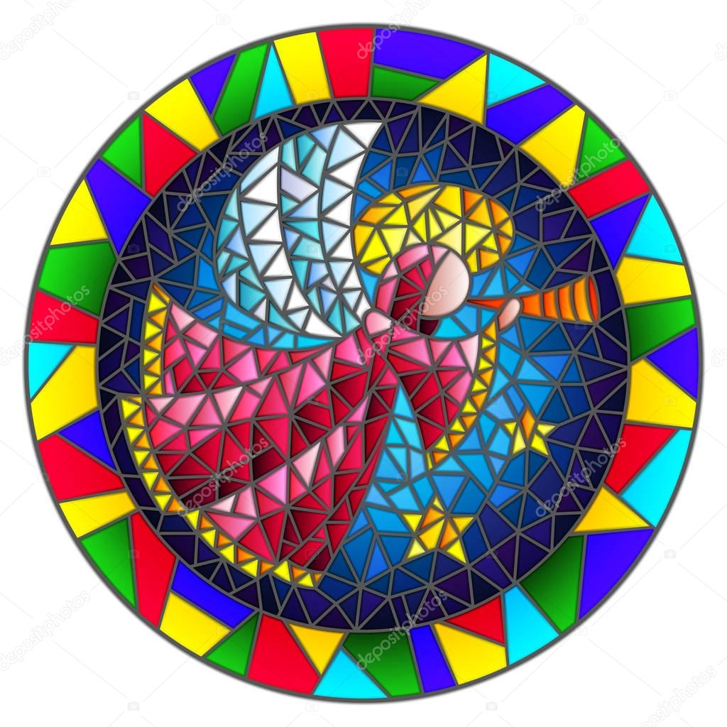 Illustration in stained glass style with an abstract angel in pink robe blowing pipe , round picture frame in bright