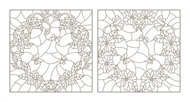 Bir daire ve kelebekler vitray çiçekli kontur çizimleri ayarla