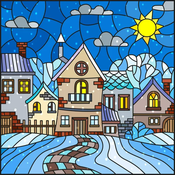 Illustration im Buntglasstil, Stadtlandschaft, schneebedeckte Dächer und Bäume gegen den Himmel, Sonne, Wolken und Schnee — Stockvektor