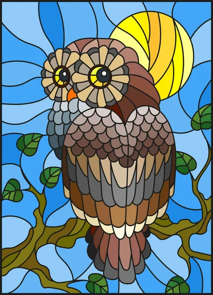 Ілюстрація у вітражному стилі з приголомшливою барвистою совою, що сидить на гілці дерева на небі та сонці — стоковий вектор