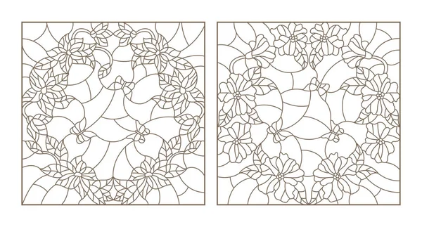 Conjunto de ilustraciones de contorno de vidrieras con flores en círculo y mariposas — Vector de stock