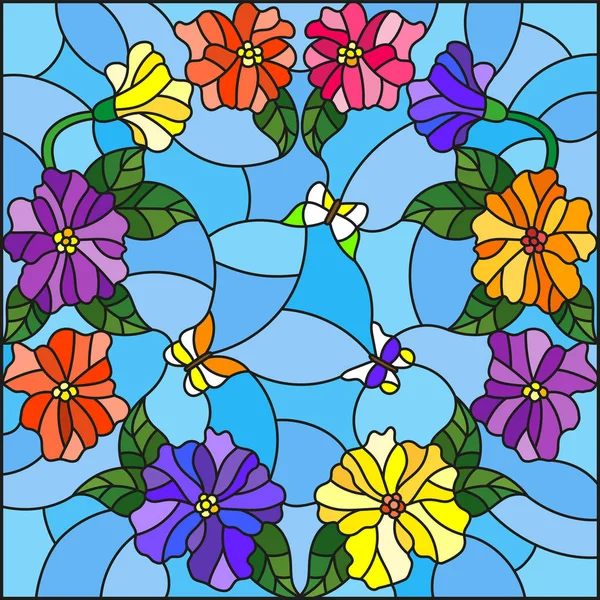 Εικονογράφηση στο λεκιασμένο γυαλί στυλ με φωτεινά χρωματισμένα λουλούδια σε έναν κύκλο και πεταλούδες σε μπλε φόντο — Διανυσματικό Αρχείο