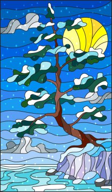 Karla kaplı çam ağacı donmuş nehrin kıyısında stiliyle vitray çizimde