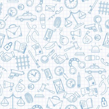 Seamless pattern with hand drawn icons on the theme of law and crimes, blue  contour  icons on the clean writing-book sheet in a cage clipart