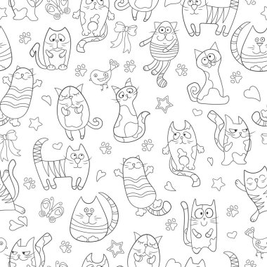 Kontur görüntüleri ile Seamless Modeli karikatür kedi, beyaz arka planda siyah kontur
