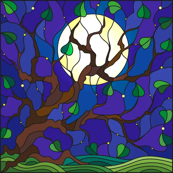 (Illustrasjon i farget glass med tre på himmelbakgrunn med stjernene og månen) – stockvektor