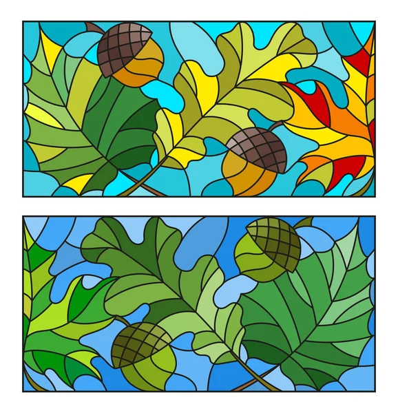 Les illustrations dans le style vitrail avec des feuilles d'érable, de chêne, de tremble et de glands — Image vectorielle
