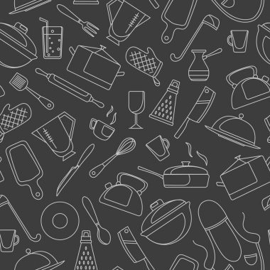Yemek ve mutfak gereçleri, basit kontür simgeler, koyu arka plan üzerinde beyaz kontur konulu seamless modeli