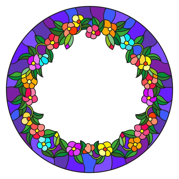 Illustration in stained glass style flower frame, bright flowers and  leaves in blue frame on a white background — Stock Vector