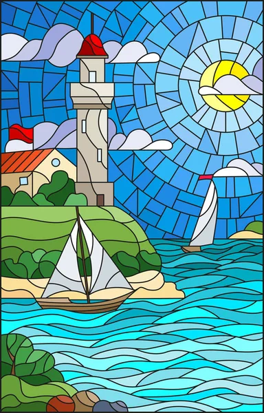 Illustration en vitrail avec vue sur la mer, trois navires et un rivage avec un phare en arrière-plan de ciel nuageux jour soleil et mer — Image vectorielle