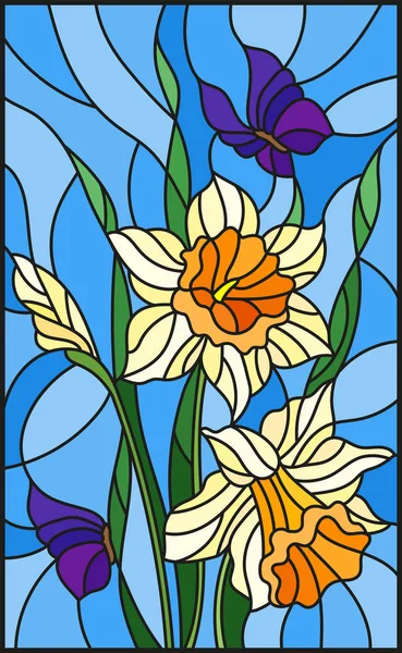 Illustrazione in stile vetrate con un bouquet di narcisi gialli e farfalle blu su sfondo blu — Vettoriale Stock