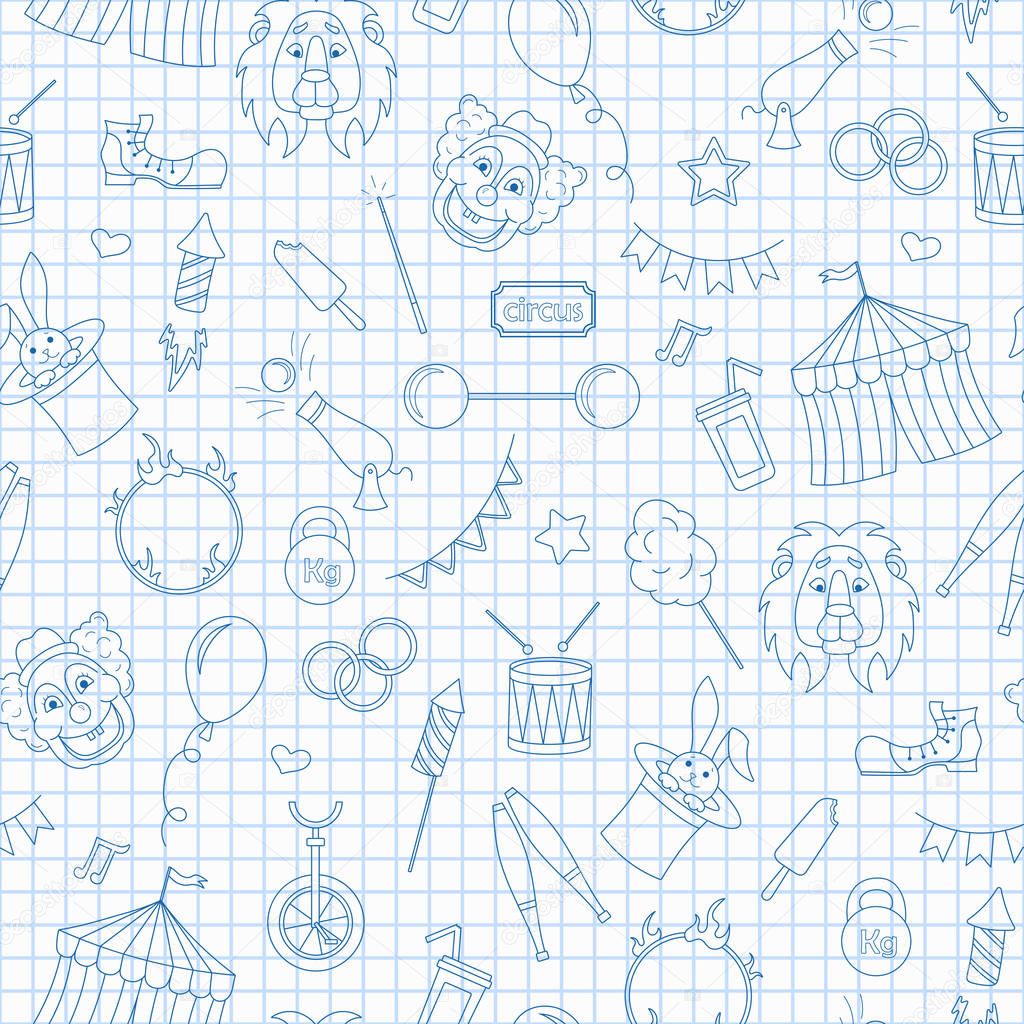 Seamless pattern on the theme of circus, simple contour icons, blue  contour  icons on the clean writing-book sheet in a cage