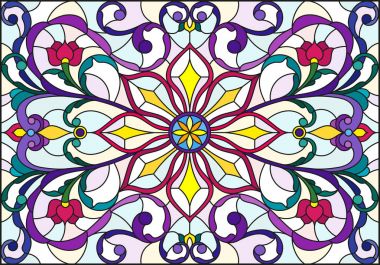 İllüstrasyon soyut swirls, vitray tarzında çiçekler ve hafif bir arka plan üzerinde yatay yönlendirme bırakır