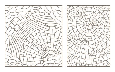 Vitray gökyüzü, bulutlar ve rainbow ile güneşli gökyüzü ile tarzı anahat resimler ayarla