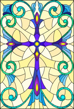 Vitray desenleri ve swirls sarı bir arka plan Mor çarmıhta stiliyle çizimde
