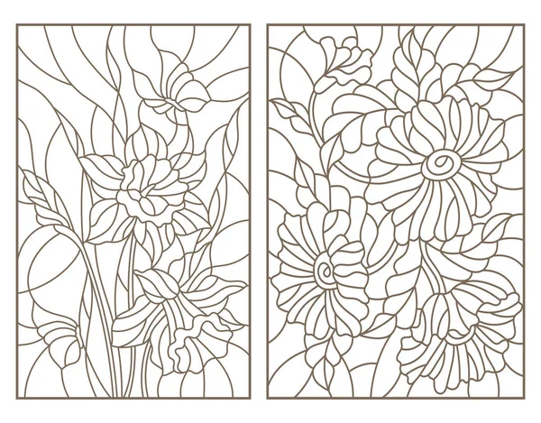 Contour illustraties in de stijl van gebrandschilderd glas met bloemen, narcissen met vlinders en een boeket van papavers instellen — Stockvector