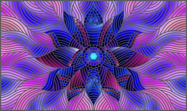 Ілюстрація у вітражному стилі з яскраво-синьою абстрактною квіткою на синьому хвилястому фоні, горизонтальна орієнтація — стоковий вектор