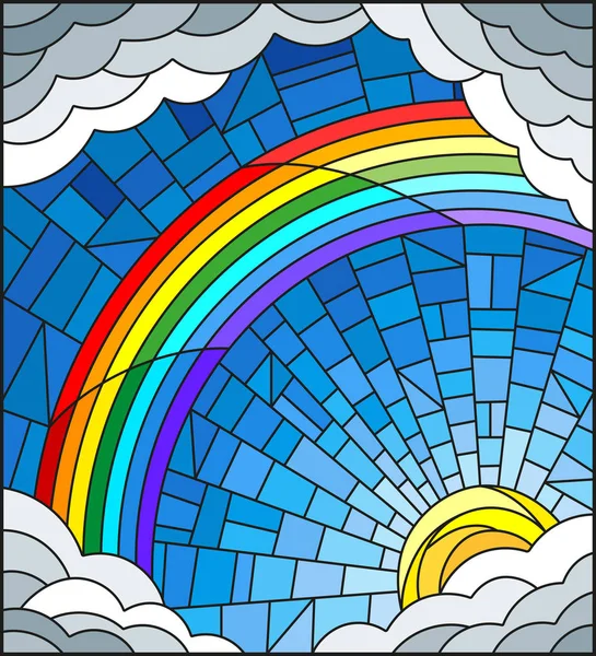 Illustration en vitrail soleil, arc-en-ciel et nuages sur fond bleu ciel — Image vectorielle