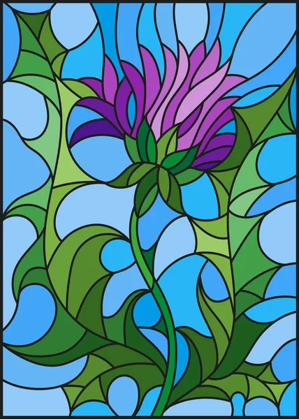 Çizimde mavi bir arka plan üzerinde mor Thistle vitray tarzı çiçek
