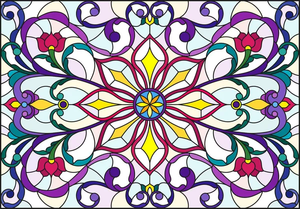 İllüstrasyon soyut swirls, vitray tarzında çiçekler ve hafif bir arka plan üzerinde yatay yönlendirme bırakır