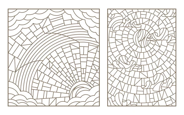 Vitray gökyüzü, bulutlar ve rainbow ile güneşli gökyüzü ile tarzı anahat resimler ayarla