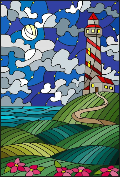 曇り星空と月に対して開花フィールドの背景にあるステンド グラス スタイル灯台のイラスト — ストックベクタ