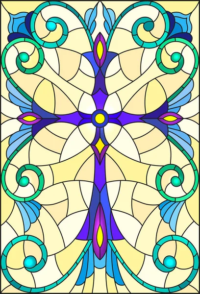 Illustratie in gebrandschilderd glas stijl met een paarse kruis op een gele achtergrond met patronen en swirls — Stockvector