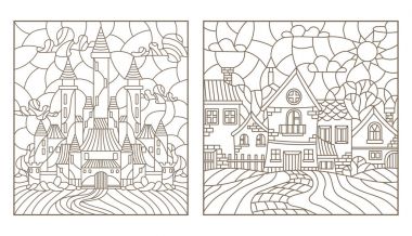 Vitray antik kentsel peyzaj, kale ve taşra kasabasında tarzı anahat çizimleri kümesi