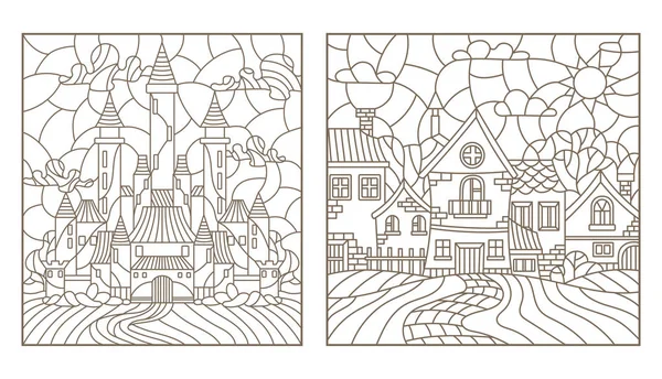 Vitray antik kentsel peyzaj, kale ve taşra kasabasında tarzı anahat çizimleri kümesi