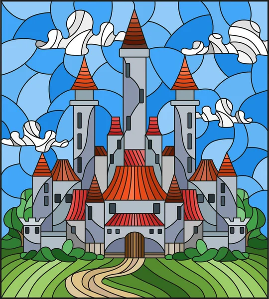 Illustration i stil av målat glas med fornborgen på bakgrunden av himlen molnig dag — Stock vektor