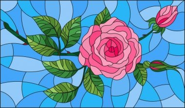 Çizimde vitray tarzı çiçek mavi bir arka plan üzerinde pembe Gül 