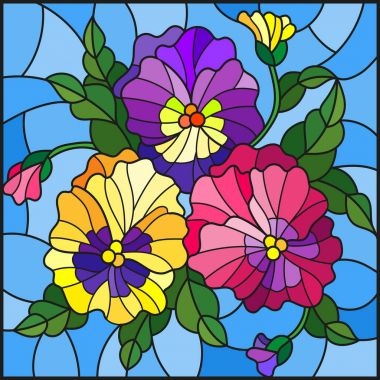 Çiçekler, tomurcukları, yaprak ve çiçek pansy, vitray stiliyle çizimde