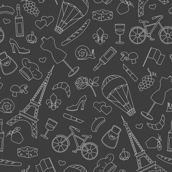 Fransa, basit kontür simgeler, ülkede seyahat Tema seamless modeli ışık anahat karanlık bir arka plan üzerinde