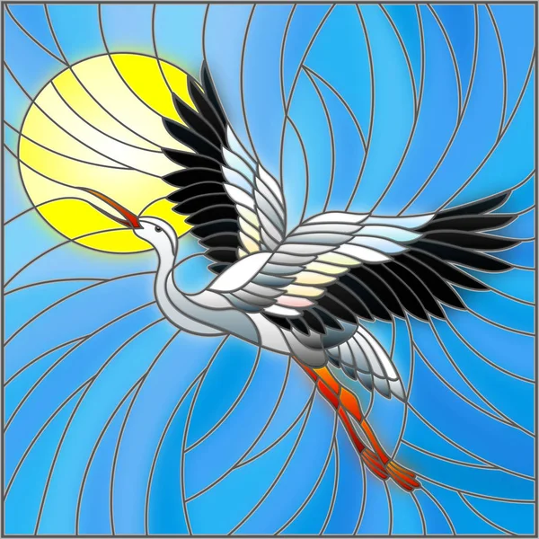 하늘, 및 sun의 배경에 스테인드 글라스 스타일 황새에 그림 — 스톡 벡터