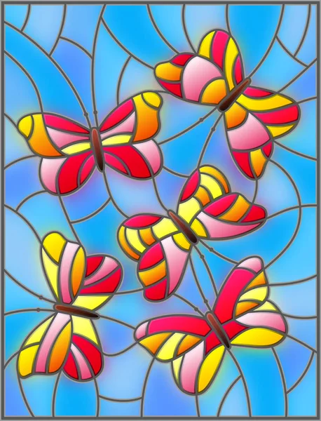 青色の背景にカラフルな抽象的な蝶とステンド グラスのスタイルの図 — ストックベクタ