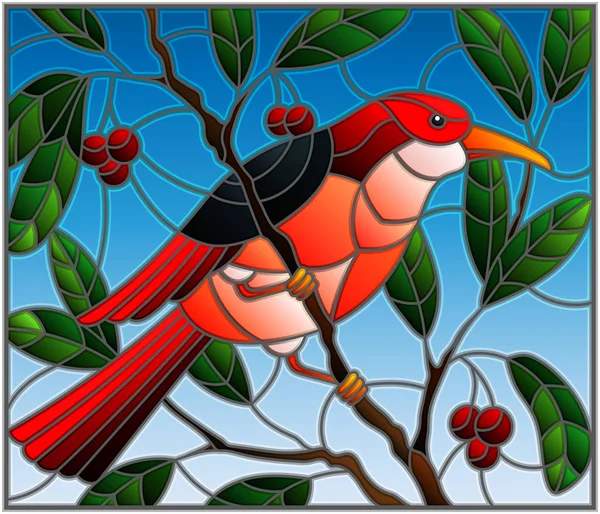 Ilustracja w stylu witrażu z piękny czerwony ptak na gałęzi drzewa i niebo w tle — Wektor stockowy