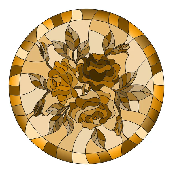 Illustration i målat glas stil med blommor och blad av rose i en ljus rund ram, tonar brown, Sepia — Stock vektor