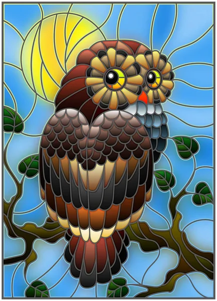 Illustratie in gebrandschilderd glas stijl met prachtige kleurrijke uil zitten op een boomtak tegen de hemel en zon — Stockvector