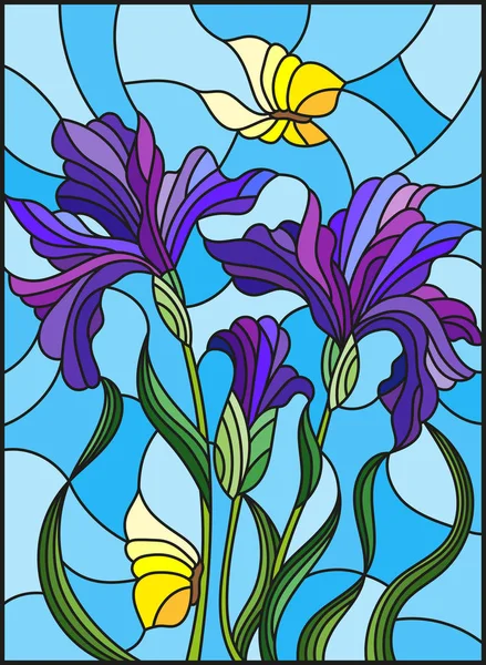 Illustrazione in stile vetrate con un bouquet di iridi viola e farfalle gialle su sfondo blu — Vettoriale Stock