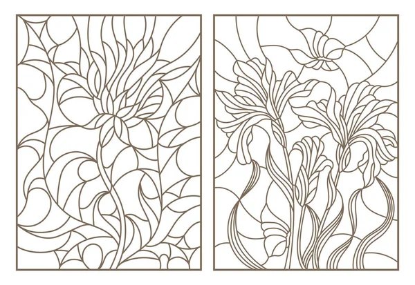Set contour illustraties van gebrandschilderd glas met bloemen, distels en irissen met vlinders — Stockvector